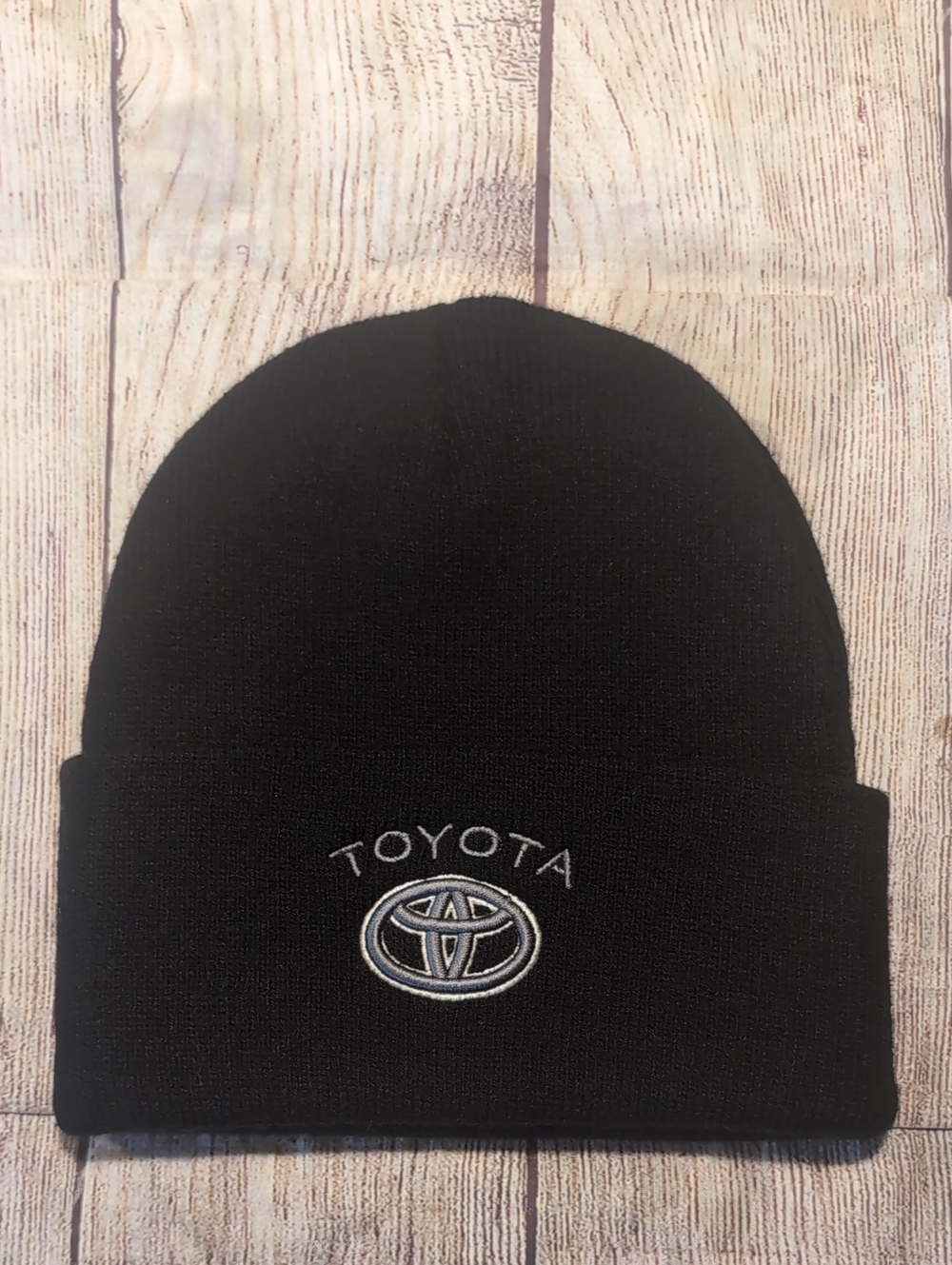 Toyota Black With Gray Stitched Logo Fold Over Cuff Knit Beanie Winter Hat